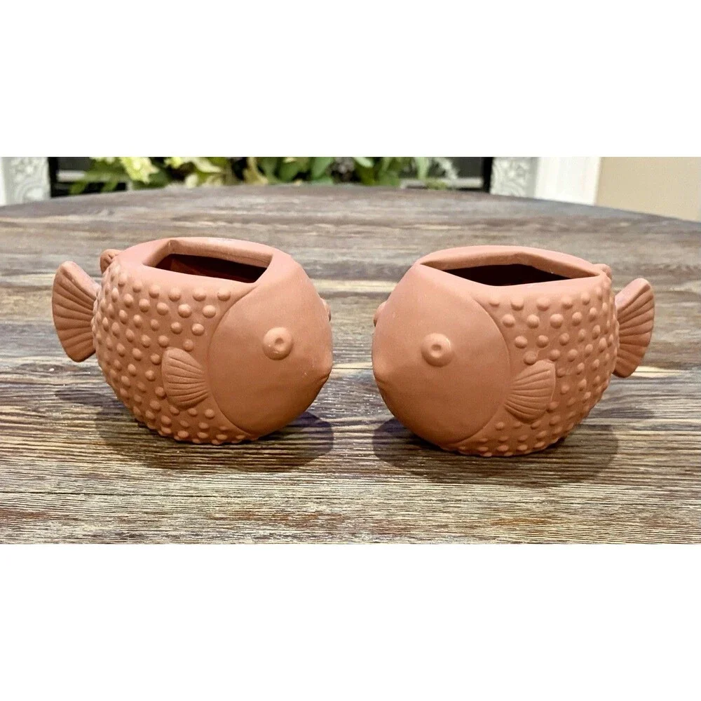 Set Of 2 Bath & Body Works Terracotta Puffer Fish Soap Holders/Planters - New